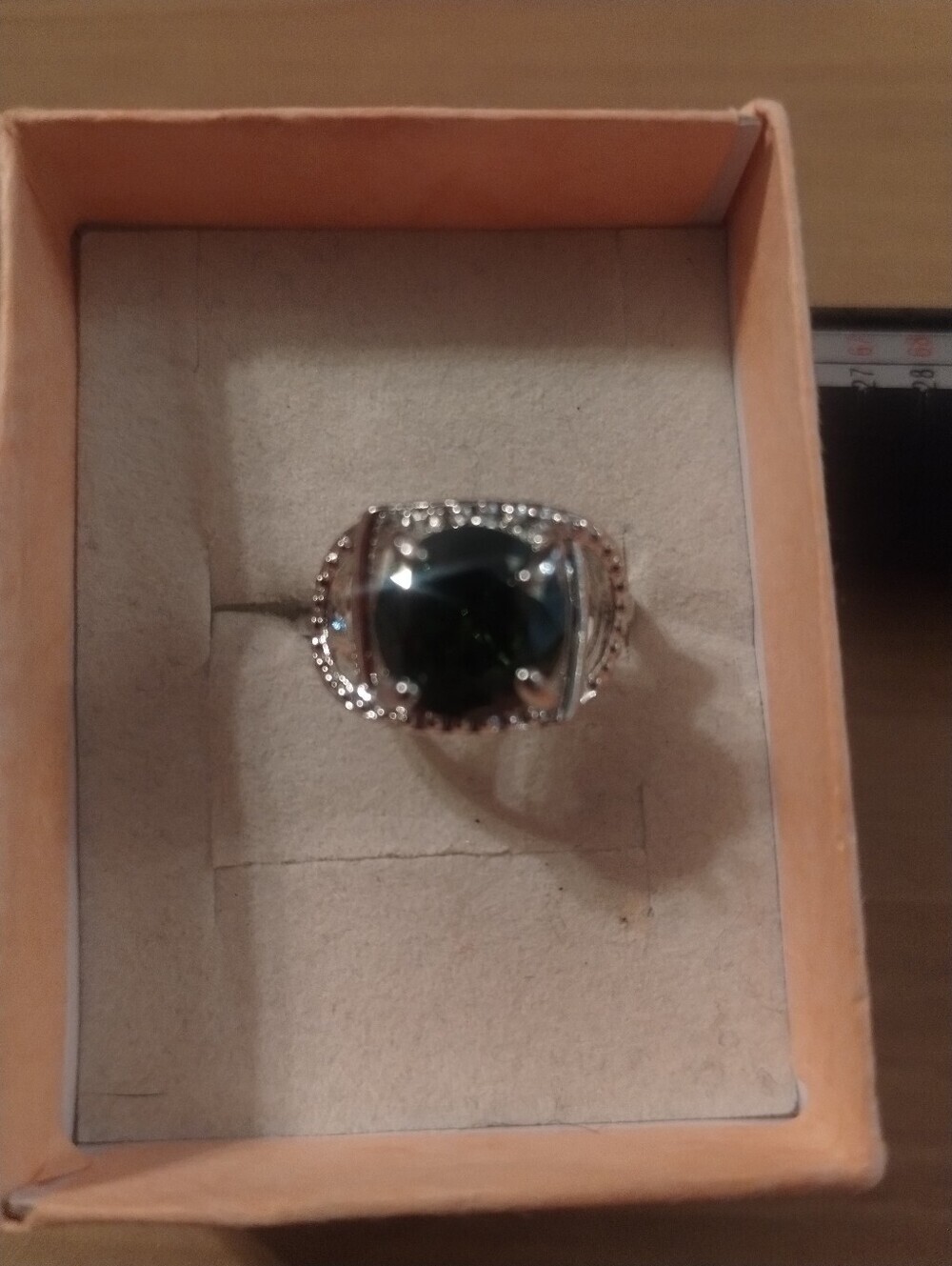 New Size 7.5 Dark Green Cushion Cut Statement Ring Silver Tone Costume J
